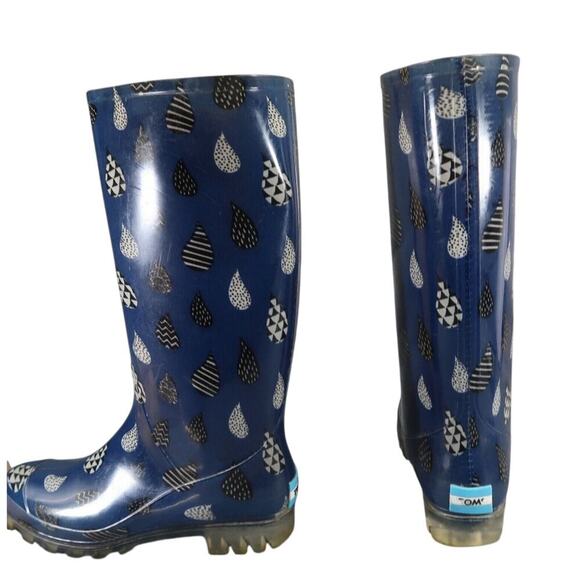 Toms Shoes Womens 7 Rain Boots Rubber Print Pull On Cabrilla Round Toe Blue Tall - Picture 6 of 15